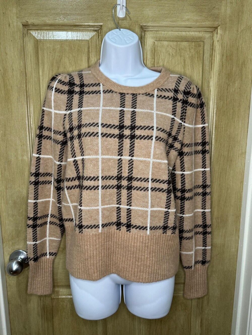 Banana Republic Puff Sleeve Plaid Tan Cotton Wool Blend Sweater Size S